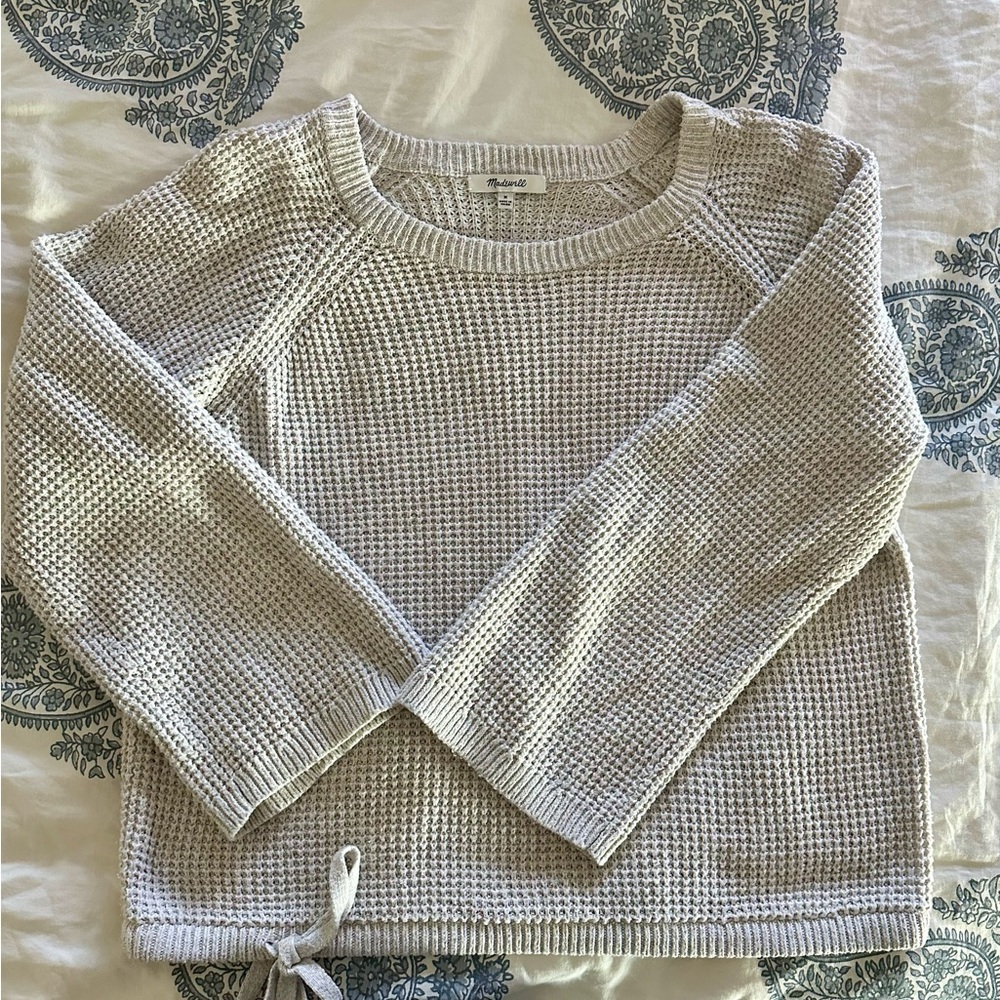 Madewell Cream Waffle-Knit Crew Sweater with Hem Tie